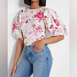 NWT Express Floral Puff Sleeve Tie Back Top Size M